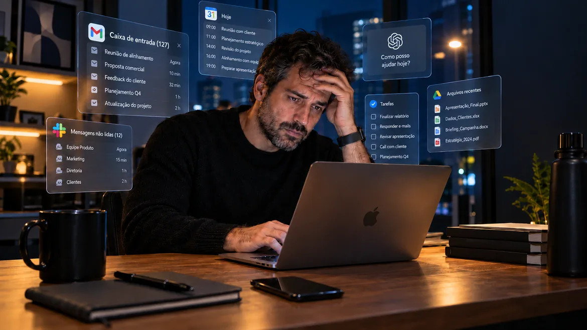 Homem de barba, à noite, com a mão na testa diante do notebook, cercado de janelas flutuantes: caixa de entrada com 127 e-mails, agenda, mensagens não lidas e lista de tarefas.