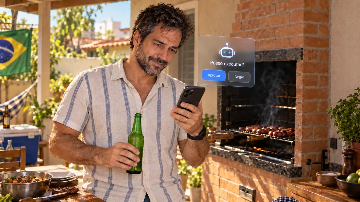 O mesmo homem, de dia, ao lado da churrasqueira, com uma cerveja na mão e sorrindo para o celular, onde o robô pergunta "Posso executar?" com os botões Aprovar e Negar.